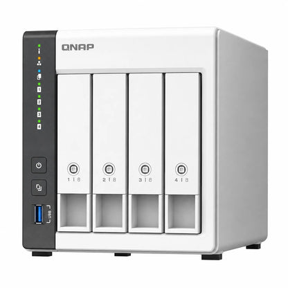 QNAP TS-433 Quad Core 4 Bay Network Attached Storage Enclosure in white, side view showing chassis design - tpstech.in