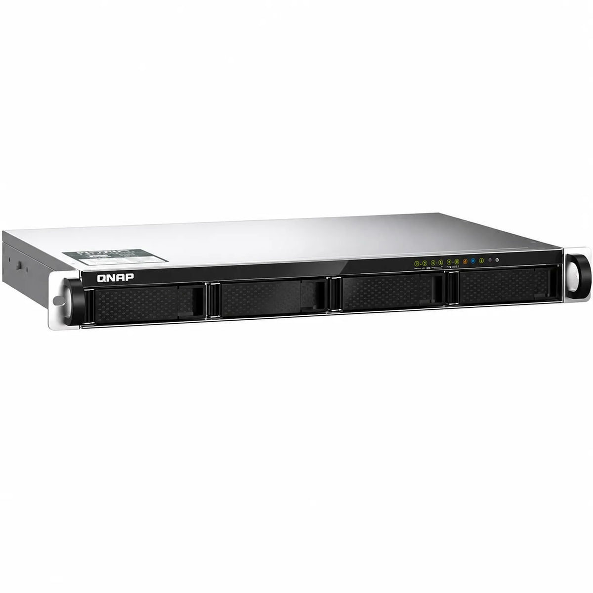 QNAP TS-435XeU-4G 4 Bay High Speed Short Depth Rackmount NAS Enclosure angled front view with rack handles -tpstech.in