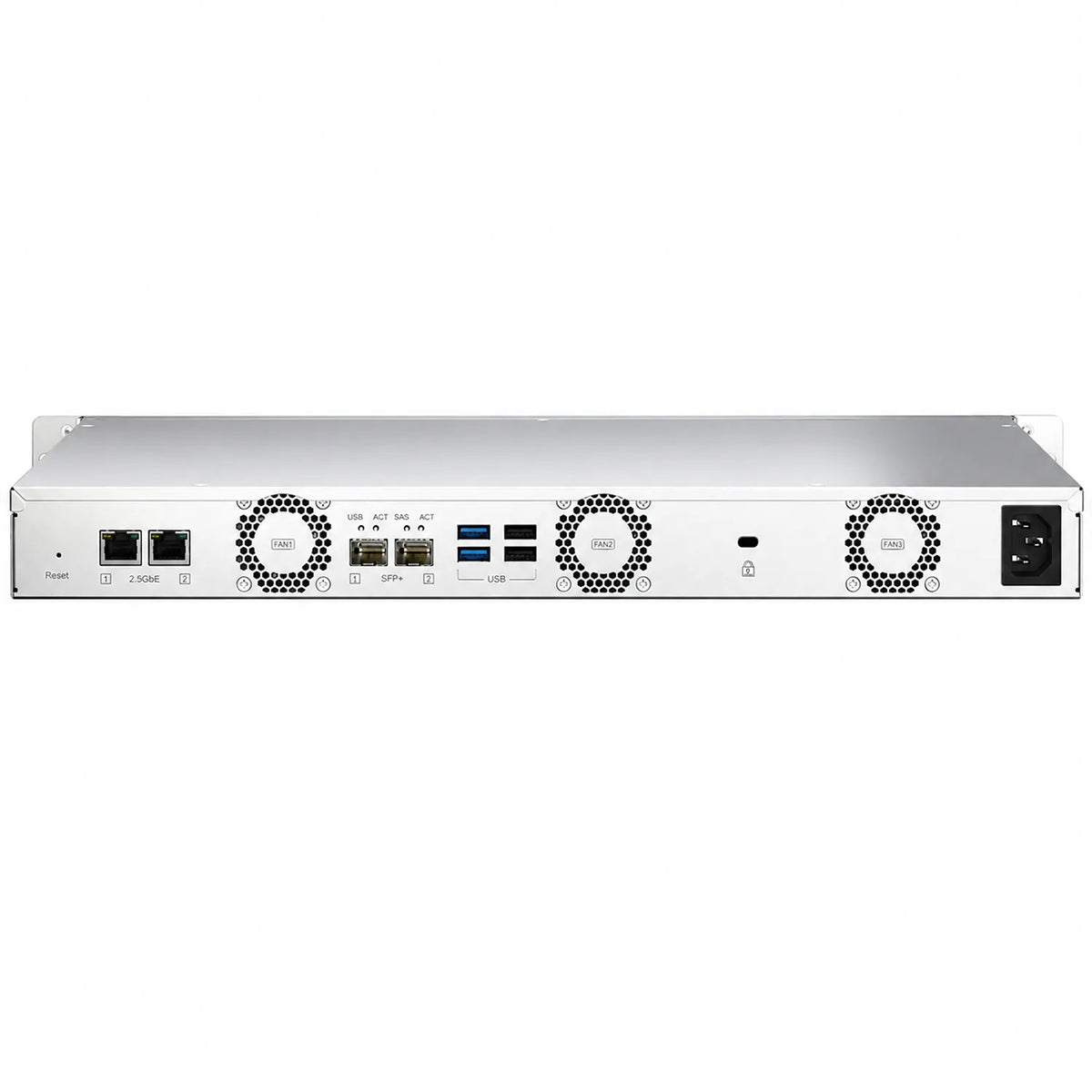 QNAP TS-435XeU-4G 4 Bay High Speed Short Depth Rackmount NAS Enclosure rear panel with network ports USB ports fans and power input -tpstech.in