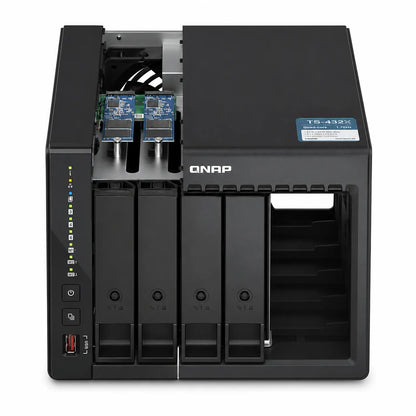QNAP TS-453E-8G 4 Bay NAS open top view showing M.2 SSD slots, internal fan and drive bays -tpstech.in