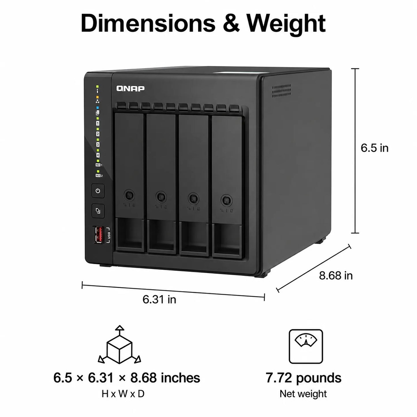 QNAP TS-453E-8G NAS dimensions of 6.5 x 6.31 x 8.68 inches and 7.72 pound net weight -tpstech.in