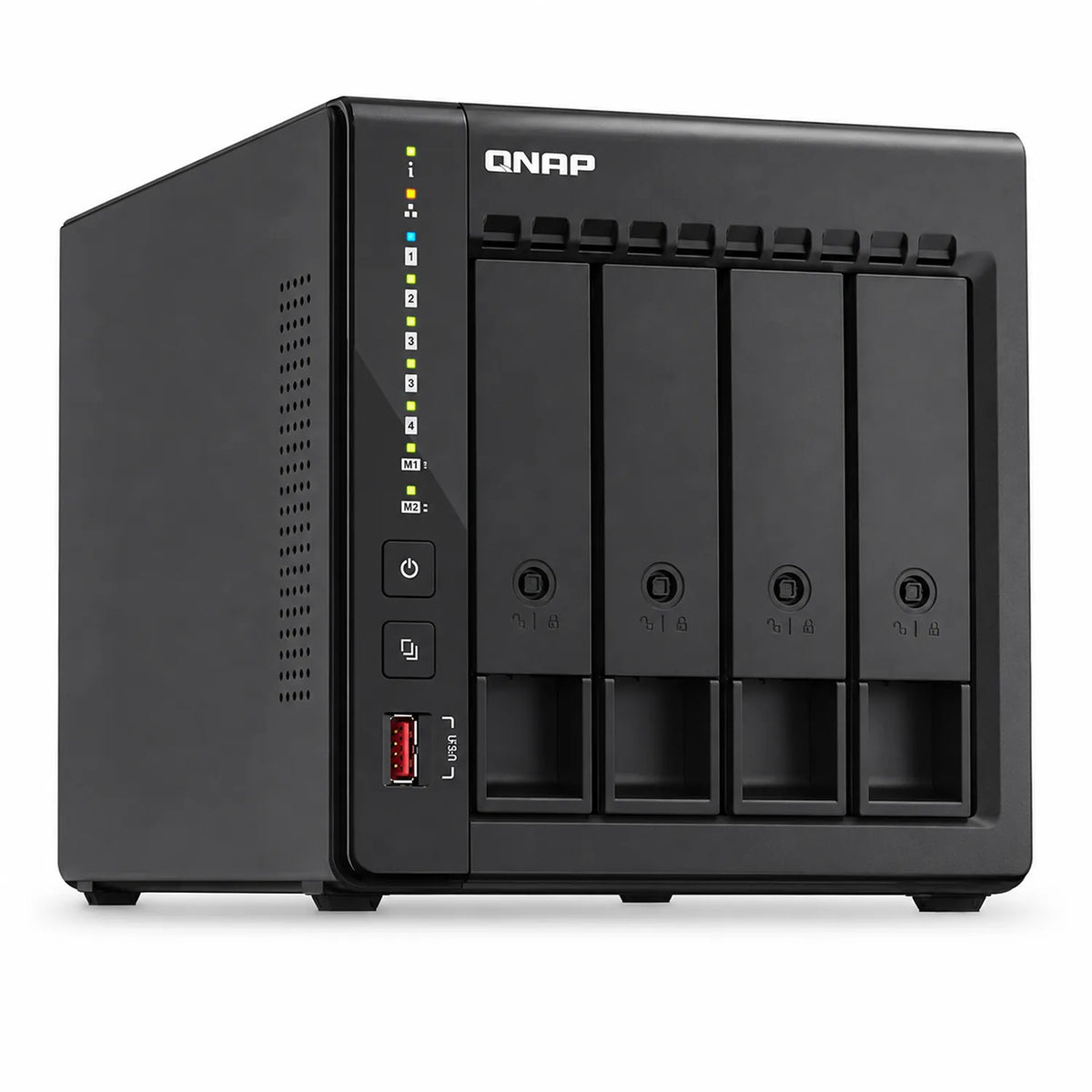 QNAP TS-453E-8G Quad Core 4 Bay Desktop Network Attached Storage Enclosure front angled view in black -tpstech.in