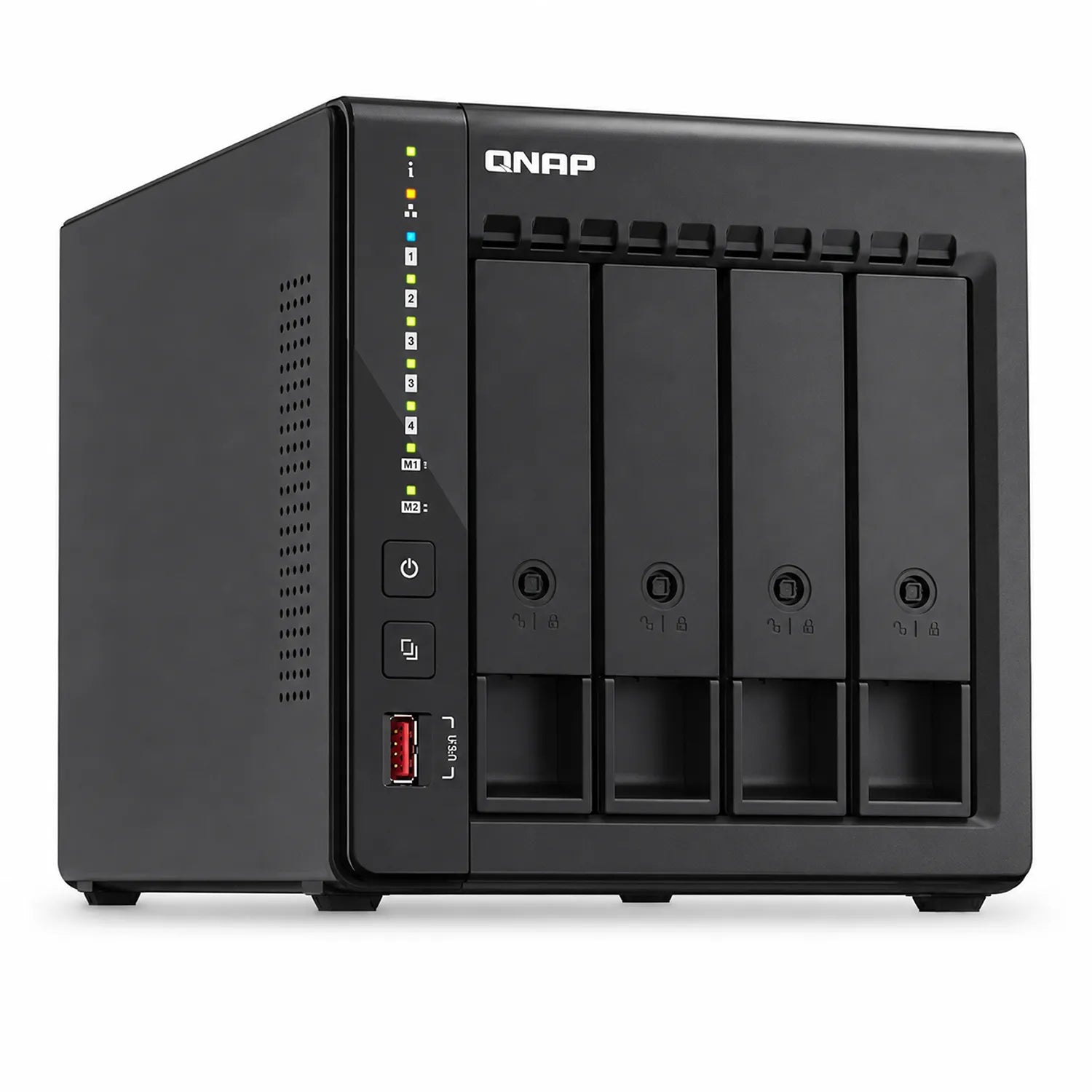 QNAP TS-453E-8G Quad Core 4 Bay Desktop Network Attached Storage Enclosure front angled view in black -tpstech.in