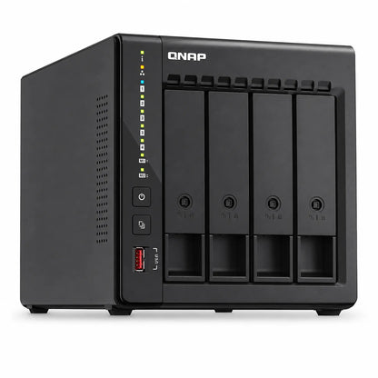 QNAP TS-453E-8G Quad Core 4 Bay Desktop Network Attached Storage Enclosure front angled view in black -tpstech.in