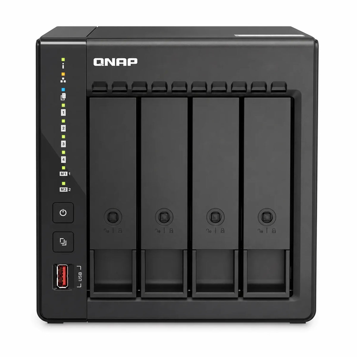 QNAP TS-453E-8G Quad Core 4 Bay Desktop Network Attached Storage Enclosure front view in black -tpstech.in