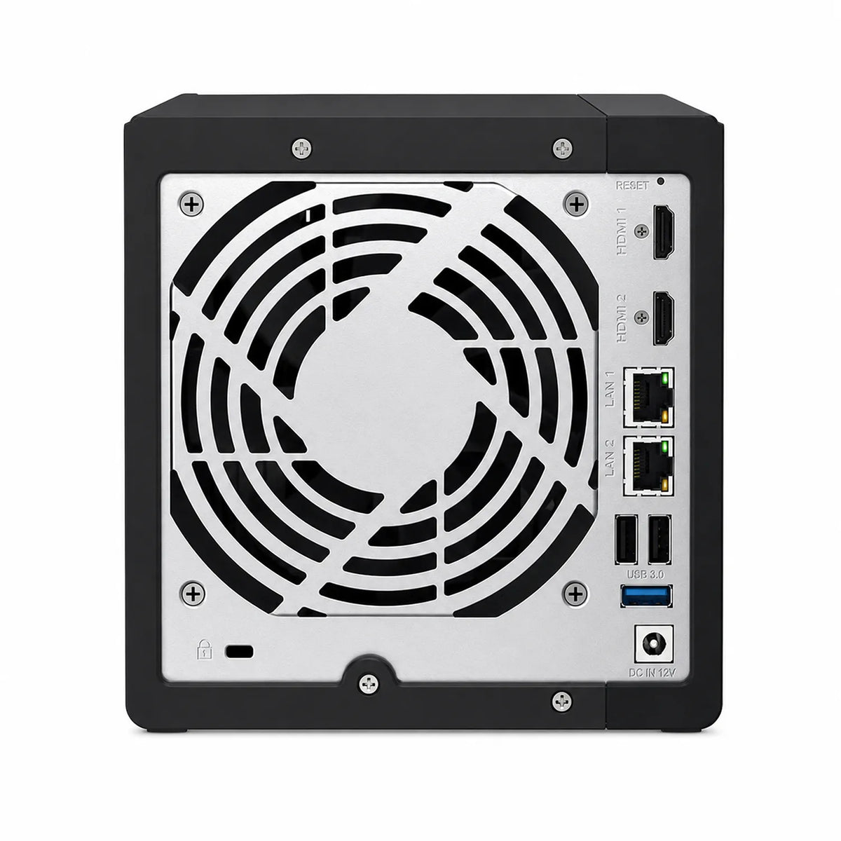 QNAP TS-453E-8G Quad Core 4 Bay NAS rear view showing cooling fan, HDMI, LAN, USB and DC ports -tpstech.in