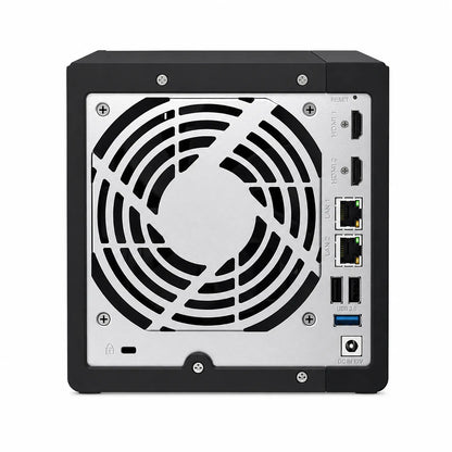QNAP TS-453E-8G Quad Core 4 Bay NAS rear view showing cooling fan, HDMI, LAN, USB and DC ports -tpstech.in