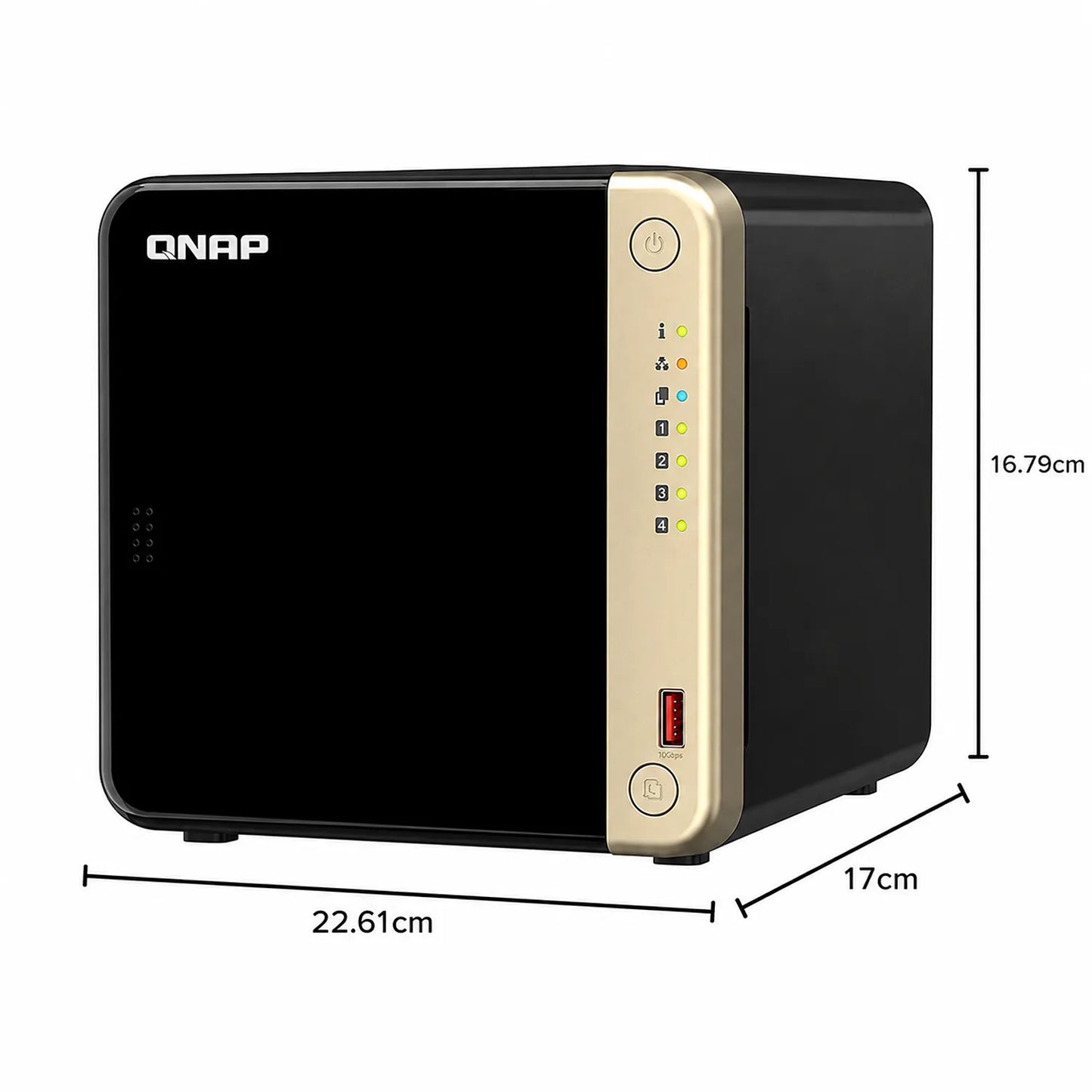 QNAP TS-464-8G 4 Bay NAS Network Attached Storage dimensions showing 22.61cm width, 17cm depth and 16.79cm height -tpstech.in