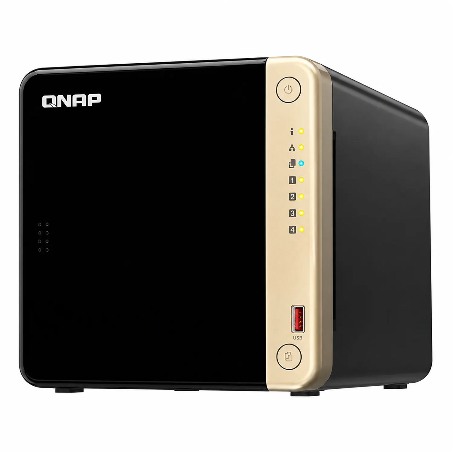 QNAP TS-464-8G 4 Bay NAS enclosure right side view showing black chassis, ventilation and front control panel -tpstech.in