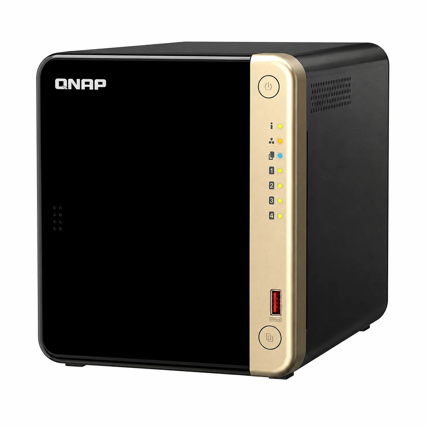 QNAP TS-464-8G 4 Bay NAS Network Attached Storage front right view with LED indicators, USB port and QNAP logo -tpstech.in