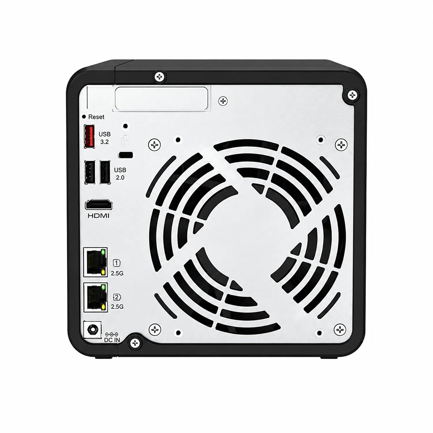 QNAP TS-464-8G 4 Bay NAS rear panel showing cooling fan grille, USB 3.2, USB 2.0, HDMI, dual 2.5G Ethernet and DC input ports -tpstech.in