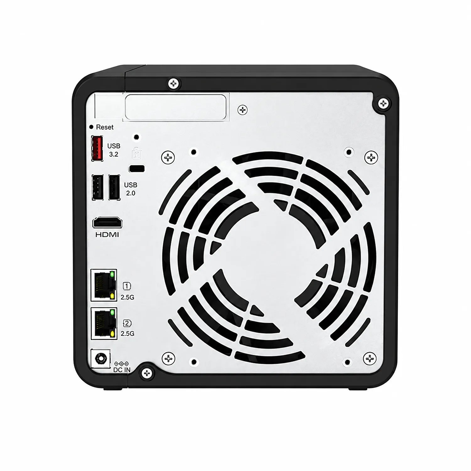 QNAP TS-464-8G 4 Bay NAS rear panel showing cooling fan grille, USB 3.2, USB 2.0, HDMI, dual 2.5G Ethernet and DC input ports -tpstech.in
