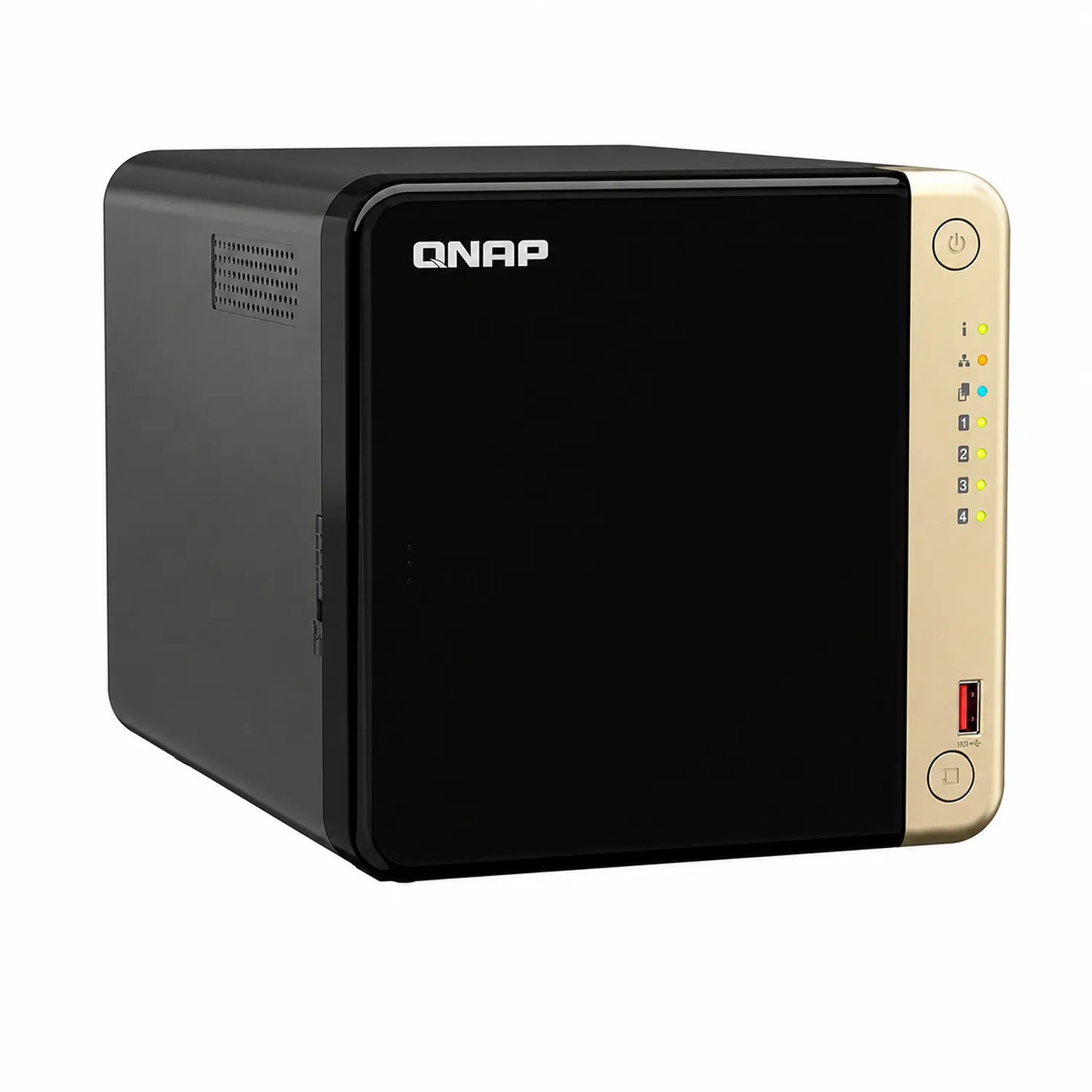 QNAP TS-464-8G 4 Bay NAS storage enclosure front left angled view showing black chassis, gold front panel and ventilation -tpstech.in
