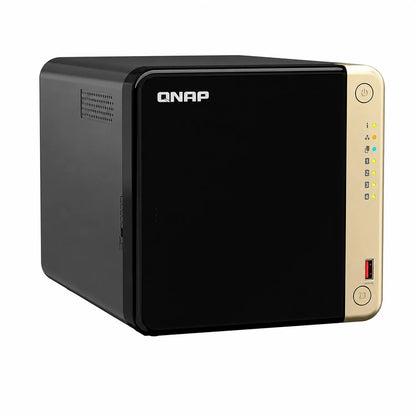 QNAP TS-464-8G 4 Bay NAS storage enclosure front left angled view showing black chassis, gold front panel and ventilation -tpstech.in