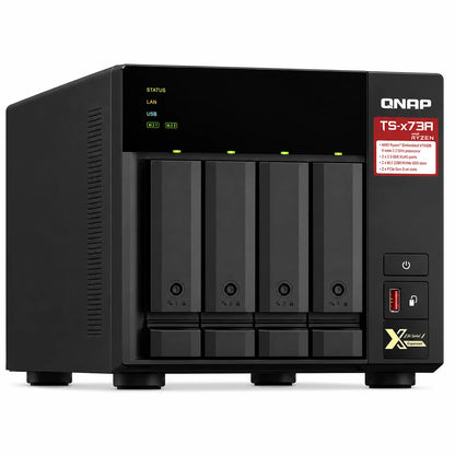 QNAP TS-473A-8G 4 Bay Desktop Network Attached Storage front left view with four drive bays, status indicators and AMD Ryzen branding -tpstech.in