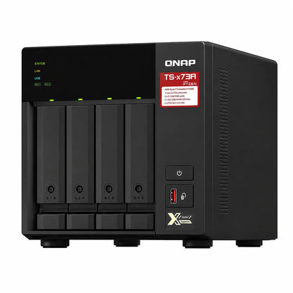 QNAP TS-473A-8G 4 Bay Desktop NAS front right view showing four drive bays, QNAP branding, USB port and AMD Ryzen label -tpstech.in