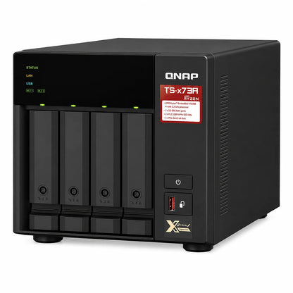 QNAP TS-473A-8G Quad Core 4 Bay Desktop NAS front perspective showing drive bays, status LEDs, USB port and expansion badge -tpstech.in
