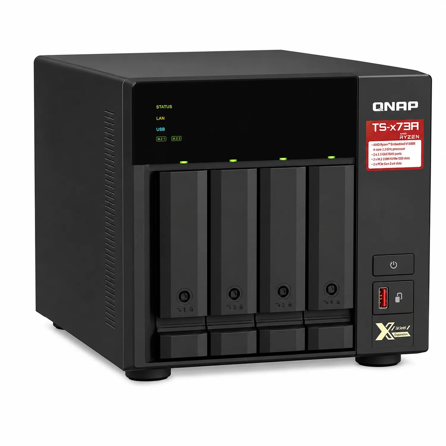 QNAP TS-473A-8G Quad Core 4 Bay Network Attached Storage enclosure three-quarter view with four drive bays and side ventilation -tpstech.in