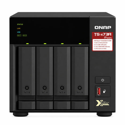 QNAP TS-473A-8G Quad Core 4 Bay Desktop Network Attached Storage front view with four numbered drive bays, status LEDs and USB port -tpstech.in
