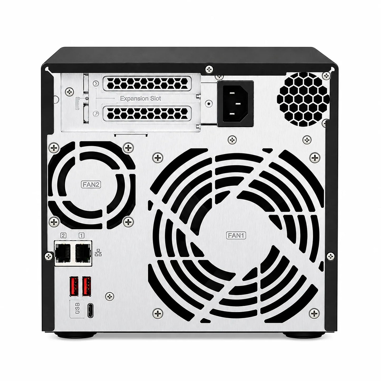 QNAP TS-473A-8G Quad Core 4 Bay Desktop Network Attached Storage Enclosure rear view with expansion slots, cooling fans, Ethernet and USB ports -tpstech.in