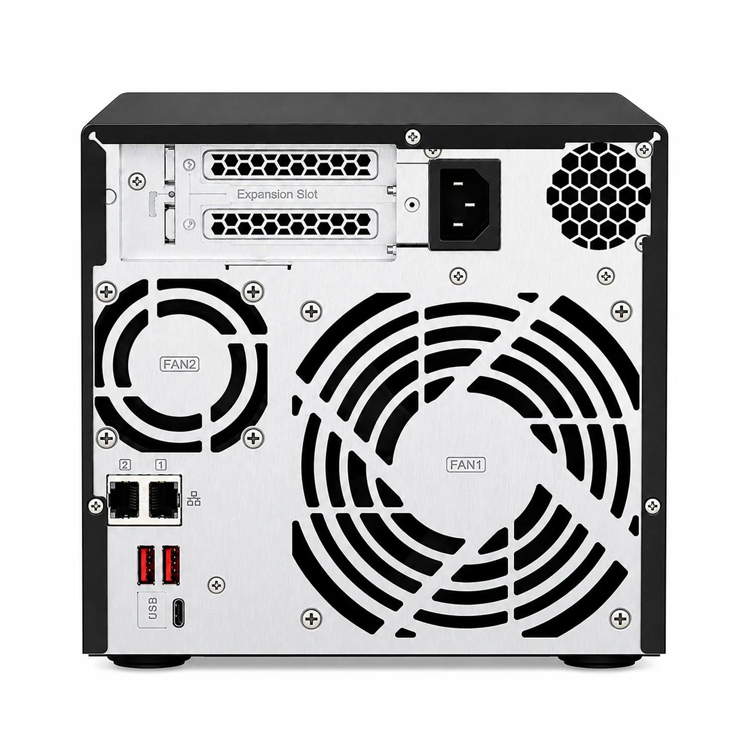QNAP TS-473A-8G Quad Core 4 Bay Desktop Network Attached Storage Enclosure rear view with expansion slots, cooling fans, Ethernet and USB ports -tpstech.in