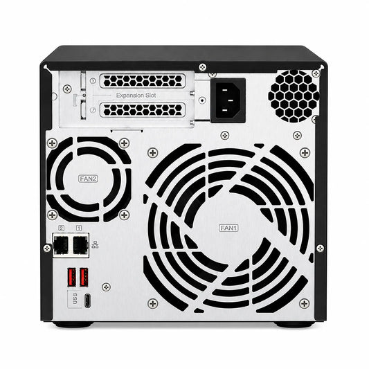 QNAP TS-473A-8G Quad Core 4 Bay Desktop Network Attached Storage Enclosure rear view with expansion slots, cooling fans, Ethernet and USB ports -tpstech.in
