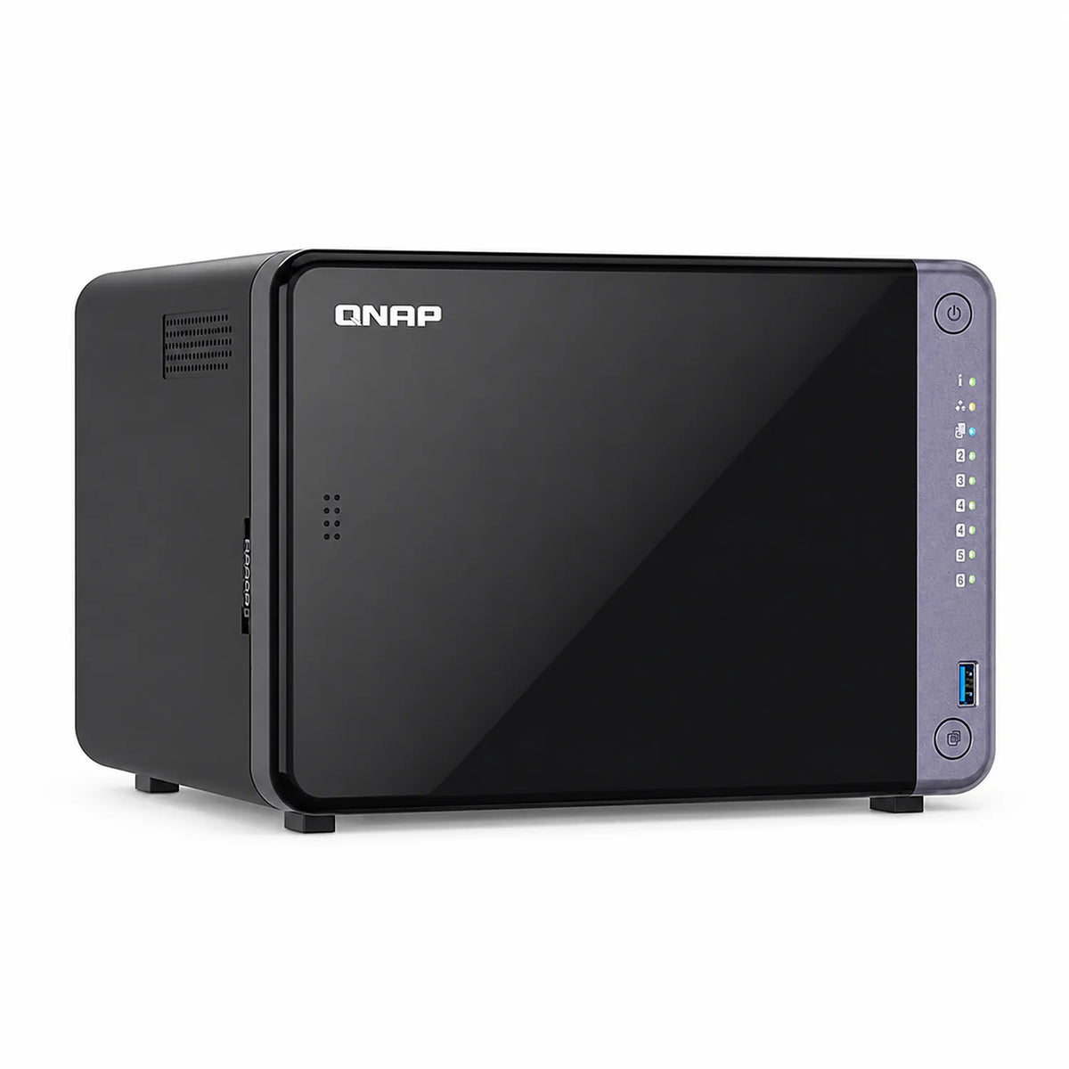 QNAP TS-632X-4G 6 Bay 10GbE Desktop NAS with ARM Alpine AL524 processor in black, front-left angled view -tpstech.in