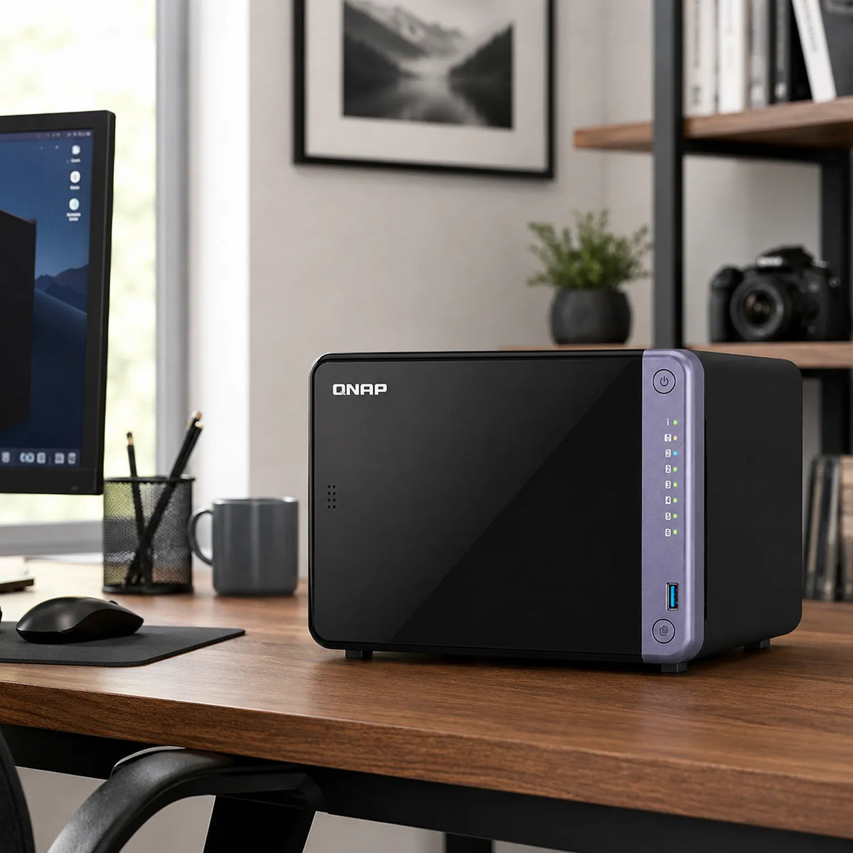 QNAP TS-632X-4G 6 Bay 10GbE Desktop NAS in black placed on a modern office desk in a professional workspace setup -tpstech.in
