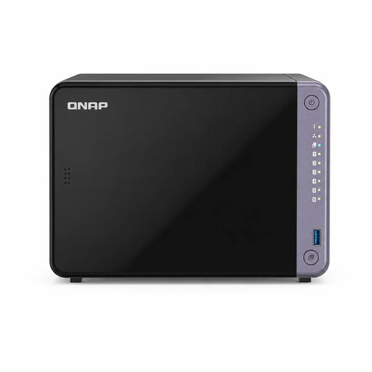 QNAP TS-632X-4G 6 Bay 10GbE Desktop NAS in black showing front panel, QNAP logo, status LEDs and USB port -tpstech.in