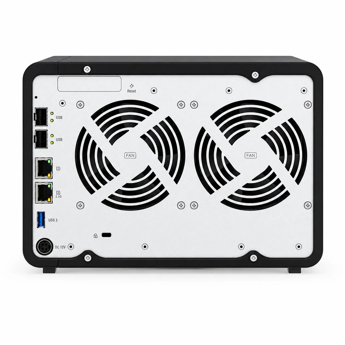 QNAP TS-632X-4G 6 Bay 10GbE Desktop NAS rear panel showing dual cooling fans, USB ports, Ethernet ports and DC input -tpstech.in