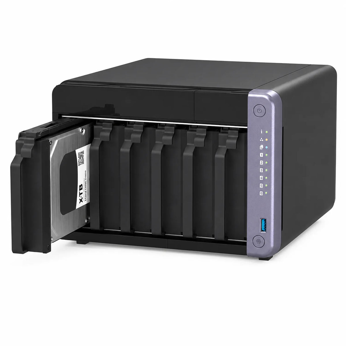 QNAP TS-632X-4G 6 Bay 10GbE Desktop NAS with open drive bays and removable hard drive tray shown from an angled view -tpstech.in