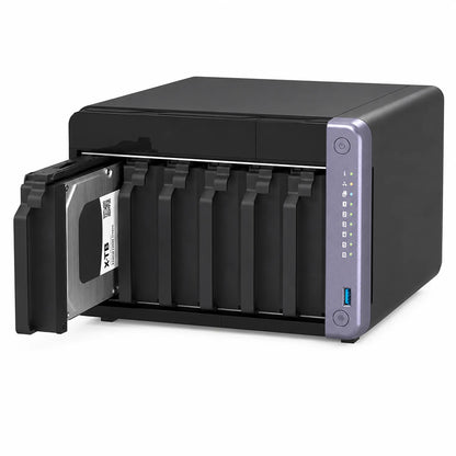QNAP TS-632X-4G 6 Bay 10GbE Desktop NAS with open drive bays and removable hard drive tray shown from an angled view -tpstech.in