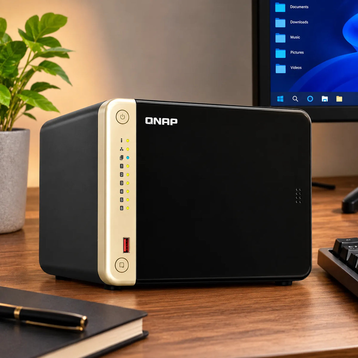 QNAP TS-664-8G Quad Core 6 Bay Desktop Network Attached Storage Enclosure in a modern office desk setup -tpstech.in