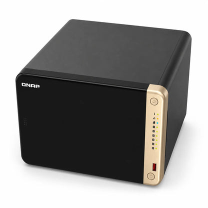 QNAP TS-664-8G Quad Core 6 Bay Desktop Network Attached Storage Enclosure top angle view showing the black chassis and front controls -tpstech.in