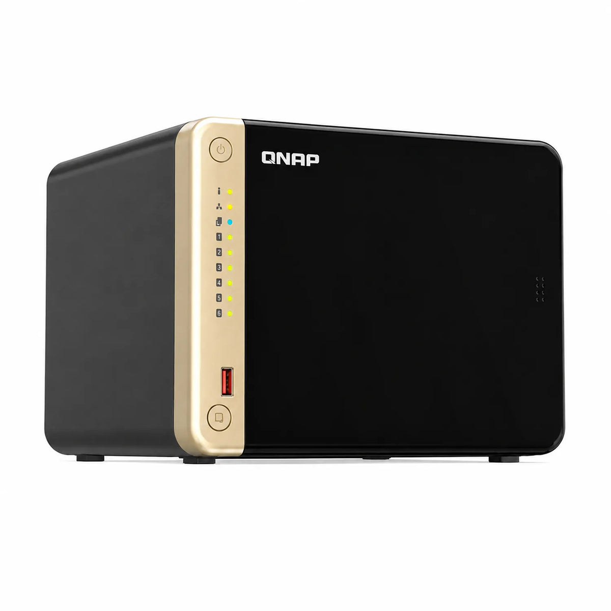 QNAP TS-664-8G Quad Core 6 Bay Desktop Network Attached Storage Enclosure opposite angle view showing black chassis and gold control panel -tpstech.in