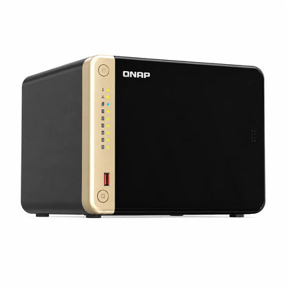 QNAP TS-664-8G Quad Core 6 Bay Desktop Network Attached Storage Enclosure opposite angle view showing black chassis and gold control panel -tpstech.in