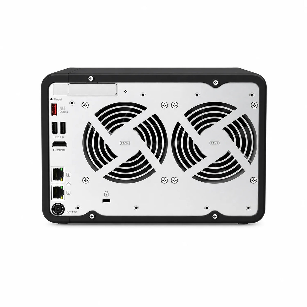 QNAP TS-664-8G Quad Core 6 Bay Desktop Network Attached Storage Enclosure rear panel with cooling fans and connectivity ports -tpstech.in