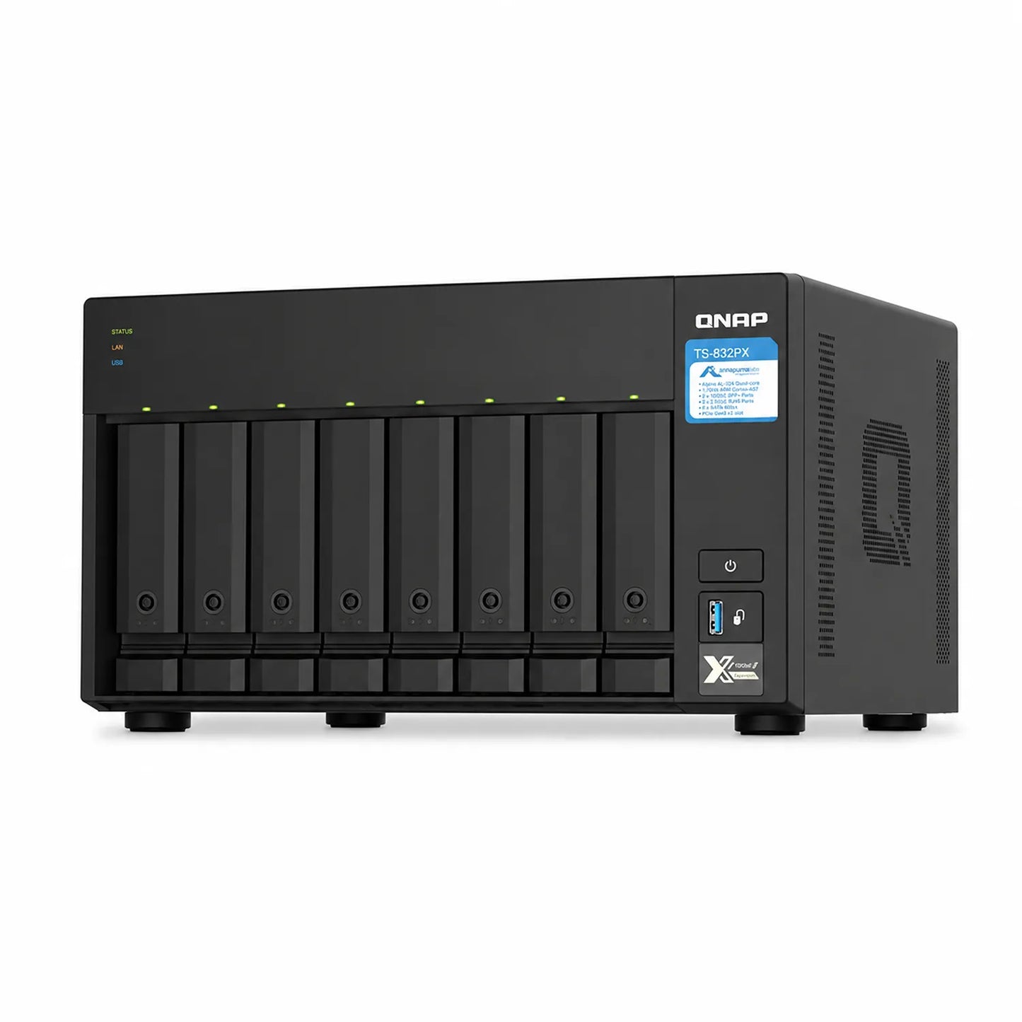 QNAP TS-832PX-4G 8 Bay NAS enclosure in black front-right view showing ventilation and drive bays -tpstech.in