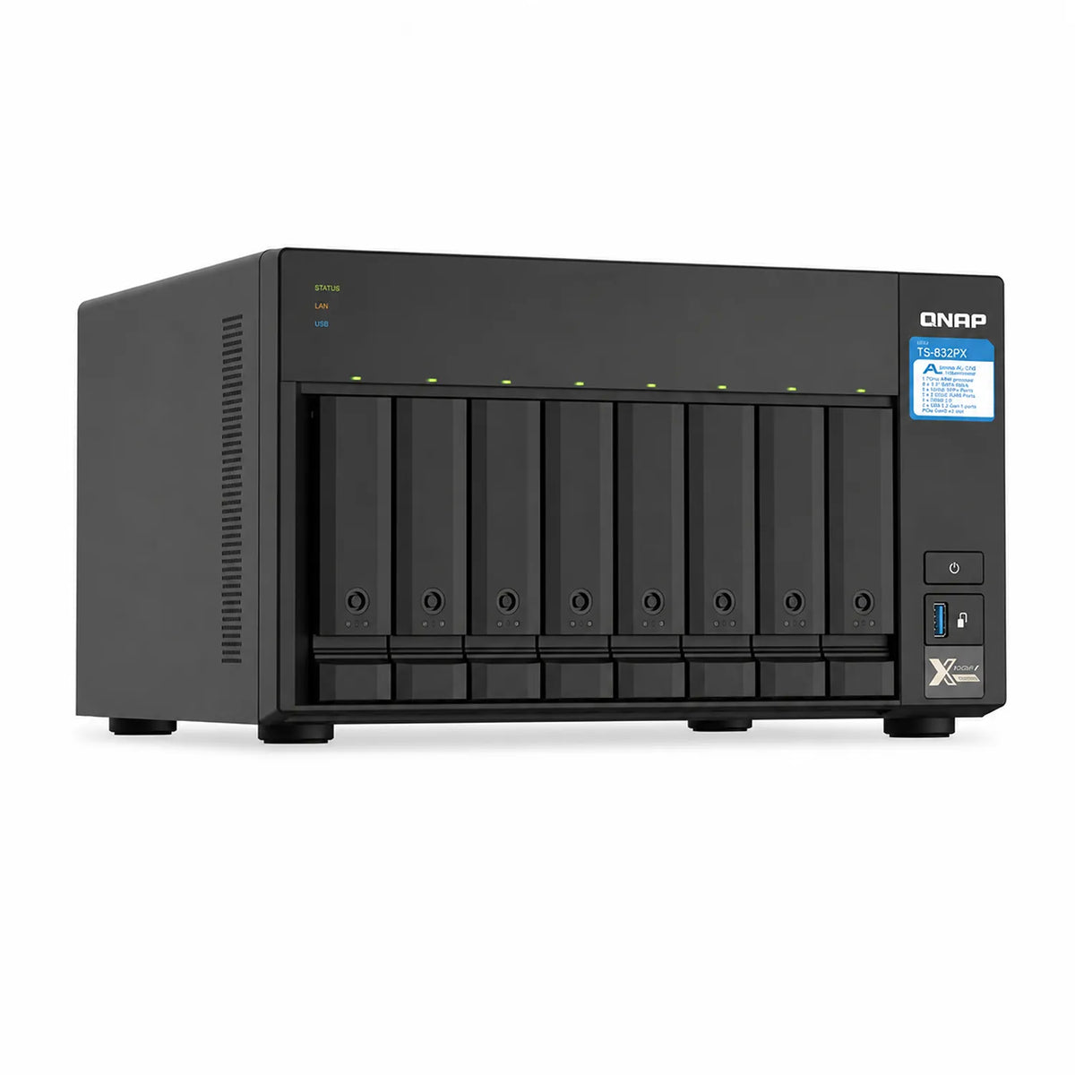 QNAP TS-832PX-4G 8 Bay Network Attached Storage enclosure black front-left angle with eight drive bays -tpstech.in