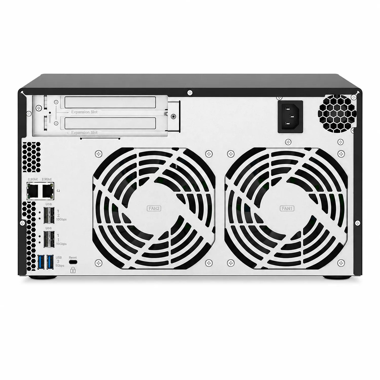 QNAP TS-832PX-4G 8 Bay NAS rear panel showing dual cooling fans expansion slots Ethernet and USB ports -tpstech.in