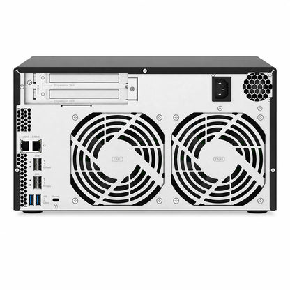 QNAP TS-832PX-4G 8 Bay NAS rear panel showing dual cooling fans expansion slots Ethernet and USB ports -tpstech.in