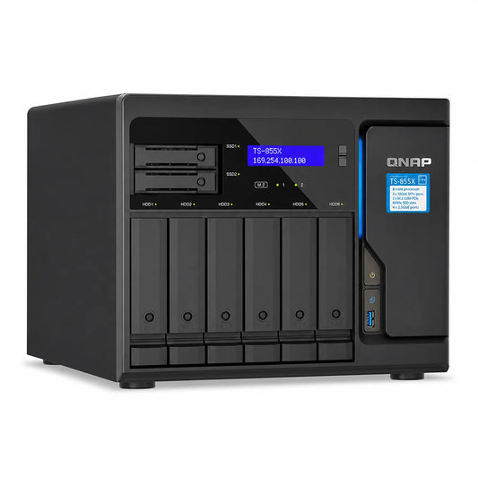 QNAP TS-855X-8G 8 Core 8 Bay 10GbE Desktop Network Attached Storage front left angle view in black -tpstech.in