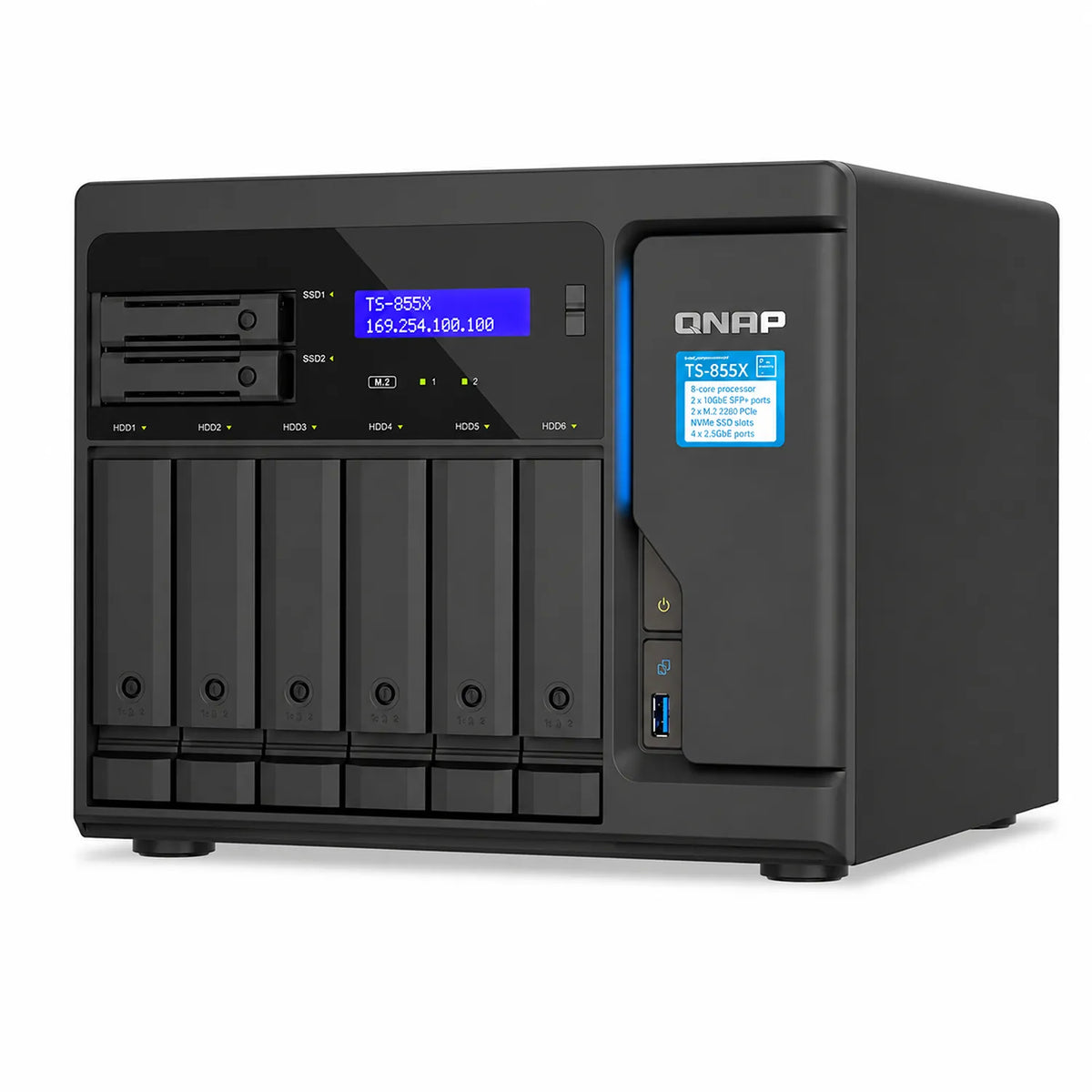 QNAP TS-855X-8G 8 Core 8 Bay 10GbE Desktop Network Attached Storage front right angle with six drive bays -tpstech.in