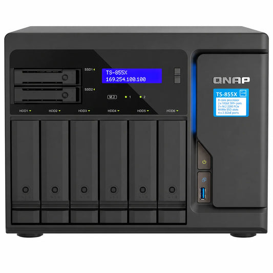 QNAP TS-855X-8G 8 Core 8 Bay 10GbE Desktop NAS front view showing six HDD bays, SSD slots and display -tpstech.in