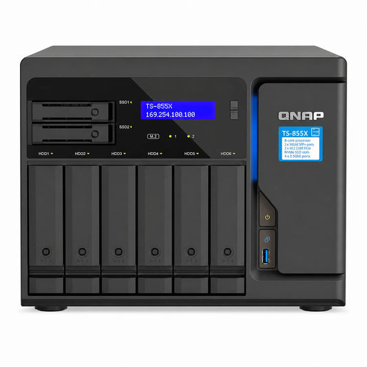 QNAP TS-855X-8G 8 Core 8 Bay 10GbE Desktop Network Attached Storage front view with six drive bays and LCD display -tpstech.in