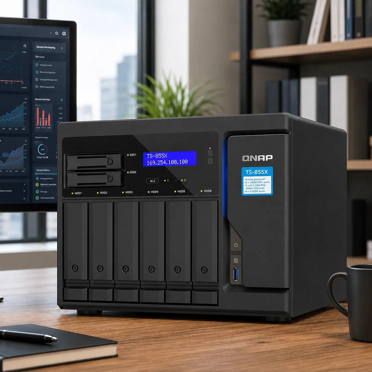 QNAP TS-855X-8G 8 Core 8 Bay 10GbE Desktop Network Attached Storage shown on an office desk with drive bays -tpstech.in