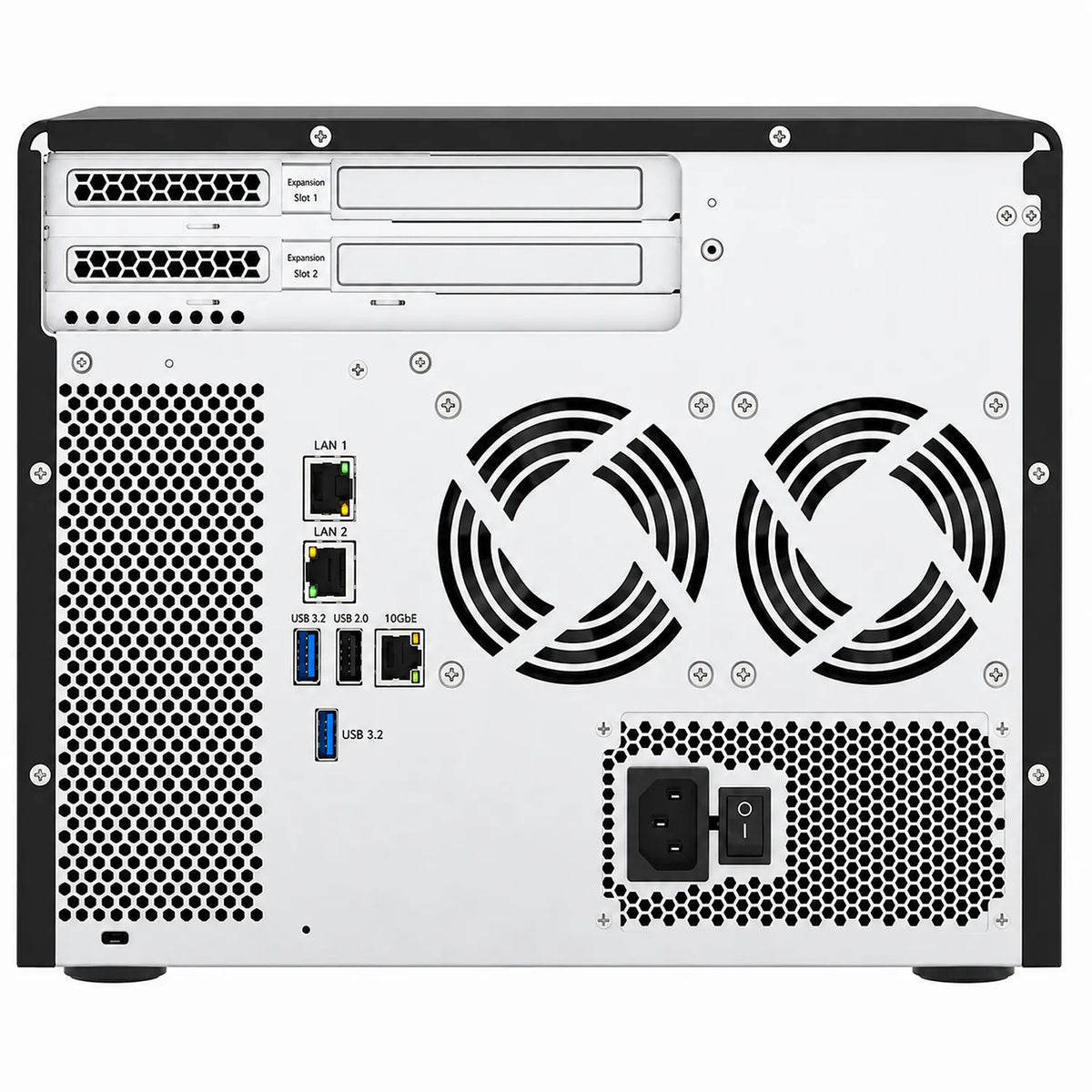 QNAP TS-855X-8G 8 Core 8 Bay 10GbE Desktop Network Attached Storage rear view showing LAN, USB, 10GbE ports and cooling fans -tpstech.in