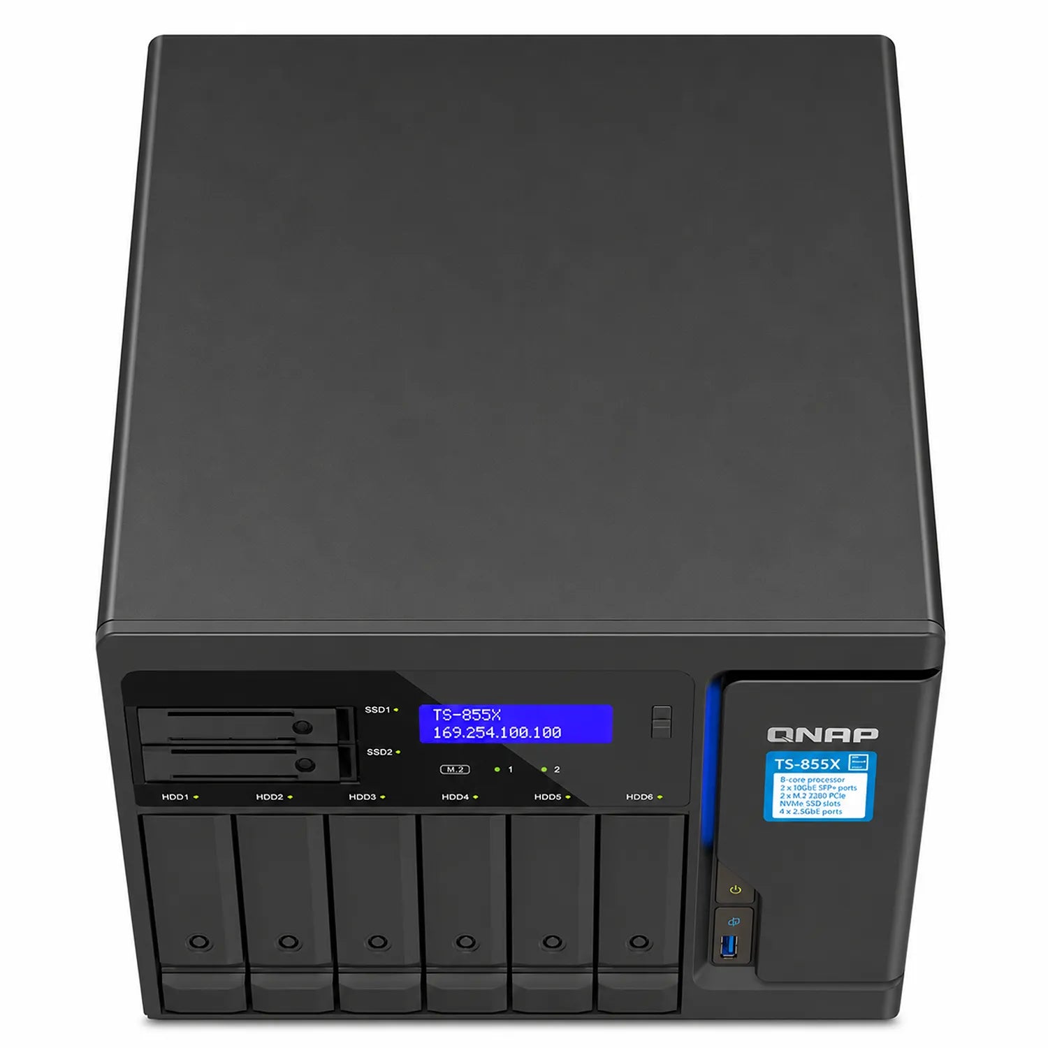 QNAP TS-855X-8G 8 Core 8 Bay 10GbE Desktop Network Attached Storage top angle view with six front drive bays and LCD display -tpstech.in