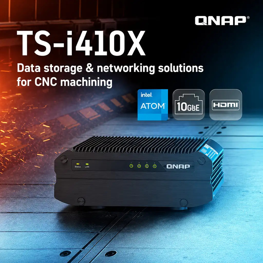 QNAP TS-i410X-8G industrial edge NAS promotional image featuring Intel Atom processor, 10GbE networking, and HDMI support -tpstech.in