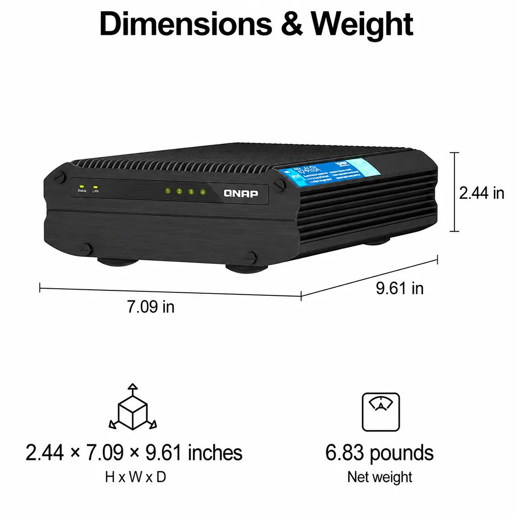 QNAP TS-i410X-8G industrial NAS dimensions and weight illustration showing compact fanless storage enclosure -tpstech.in
